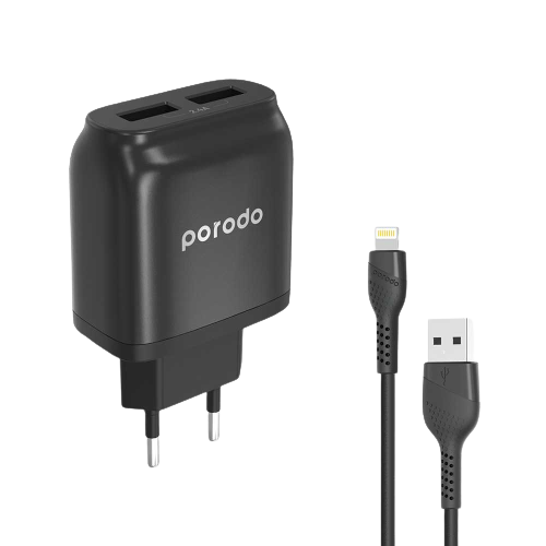 Porodo Dual USB Wall Charger 2.4A with Lightning Cable 1.2m