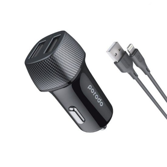 Car Charger Porodo Dual Port with Lightning Cable(Black) - 20912