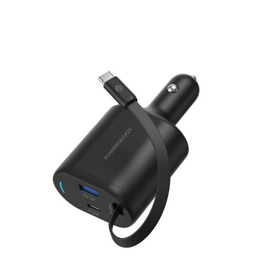 Powerology PD65W + QC18W + Type C Extendable Cable 20W Dual Ports Car Charger 1m - 33418
