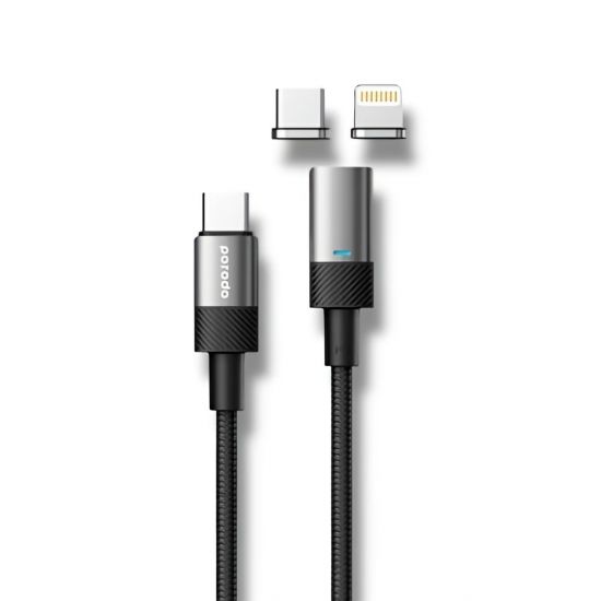 Cable Type-C to C+L Porodo Braided 100W Fast Magnetic Head 1.2M(Black) - 28935