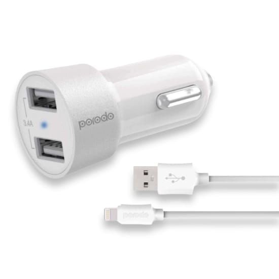 Car Charger Porodo Dual USB 3.4A With Lightning Cable (White) - 27258