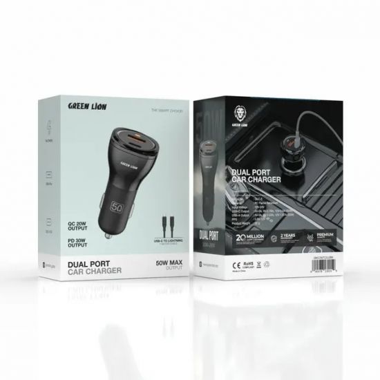 Green Lion Dual Port Car Charger 50W (PD 30W + QC 20W) USB-C to USB C Cable 1M  - 32471