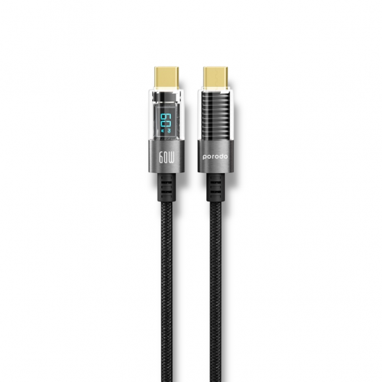 Cable Type-C to Type-C Porodo 60W Braided Display 1.2M(Black) - 32672