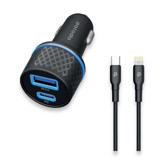 Car Charger Porodo Dual Port 22W with Type-C to Lightning Cable(Black) - 27111