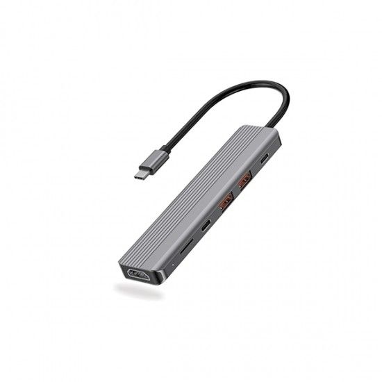 Powerology 6 in 1 Slim 4K HDMI USB-C Hub PD 100W USB MicroSD(Dark Grey) - 32647
