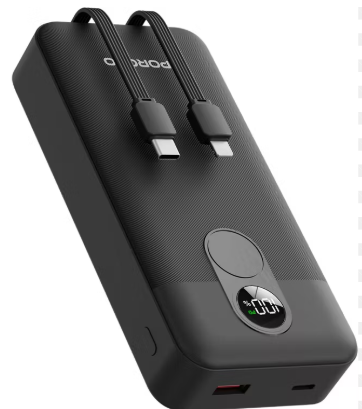 Porodo 20000mAh Power Bank 2xType-C, USB A and Type C and Digital Display with C & Lightning Integrated Cable  - 33609