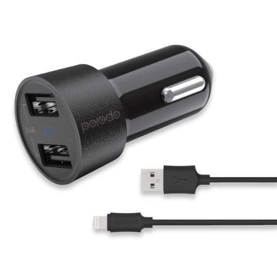Car Charger Porodo Dual USB 3.4A With Lightning Cable (Black) - 27257