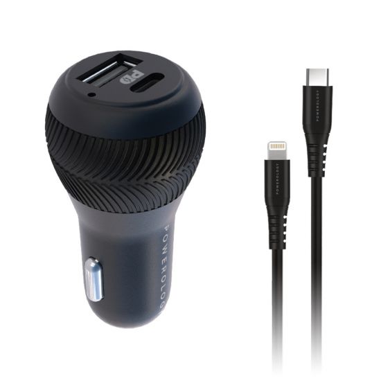 Car Charger Powerology Dual Port PD 35W with Type-C to Lightning Cable(Black) - 27597