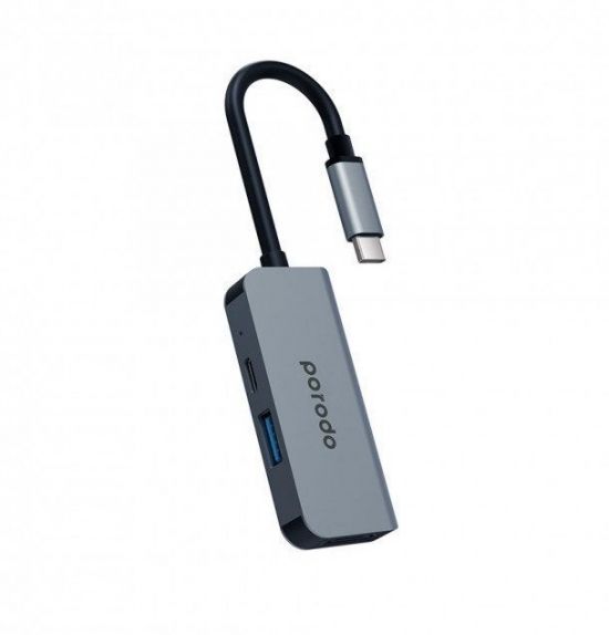 Adapter Porodo 3 in 1 Aluminum USB-C Hub 4K HDMI PD 87W  - 24096