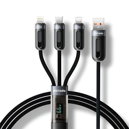 Cable USB-A Porodo 3in1 Multi Con Display Fast Charging 1.2M(Black) - 29326