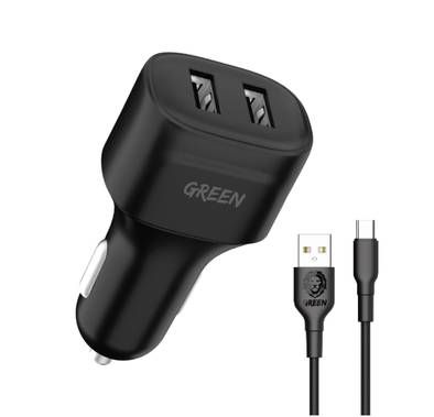 Car Charger Green Dual Port 12W With Type-C cable - 23257