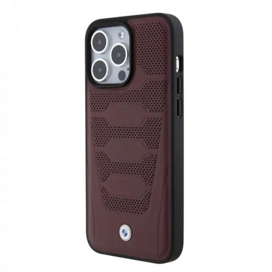 iPhone 15 Pro/15 Pro Max BMW Leather Case with Sign Seats Pattern(Burgundy) - 28466