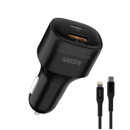 Car Charger Green Dual Port 20W with Type-C to Lightning Cable - 27109