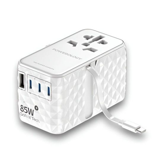 Powerology Universal GaN 85W Super Charger Retractable Type-C Cable (White) - 30537