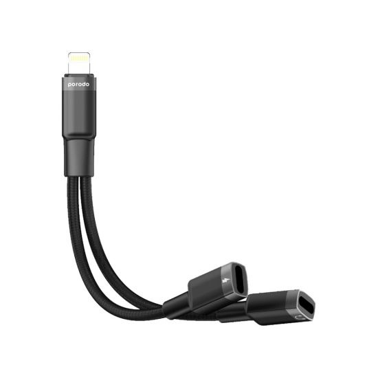 Cable Lightning to Dual Lightning Porodo 2in1 Charge Adapter(Black) - 28930