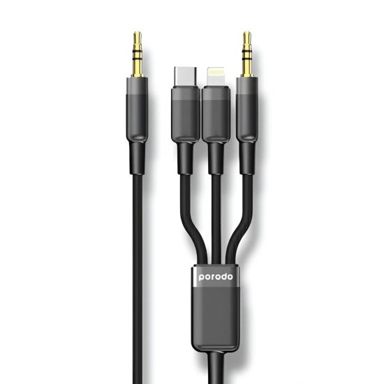 Porodo 3in1 Aux 3.5 to 3.5+C +Lightning Cable 1.2M(Black) - 31181